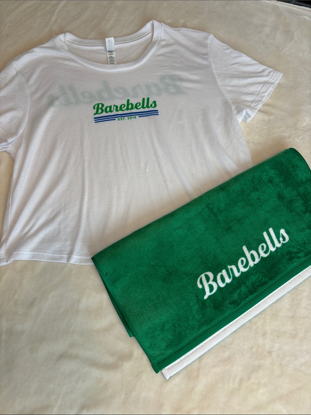 Women's Barebells White Logo Crop Tee with Green Towel- New Size S